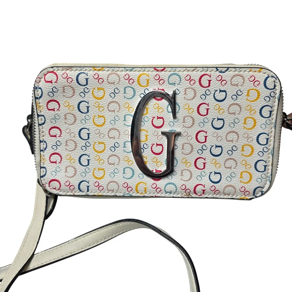 GUESS Logo Crossbody Bag White Multi Color Monogram G AA819914 Small Purse Y2K